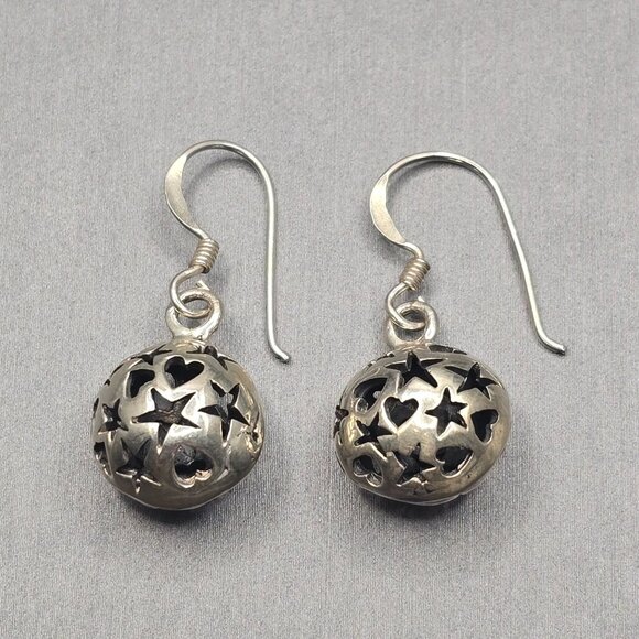 Estate Jewelry - VTG Sterling Silver Star Heart Cutout Drop Earrings 1.25" Celestial Dangles 6.6g